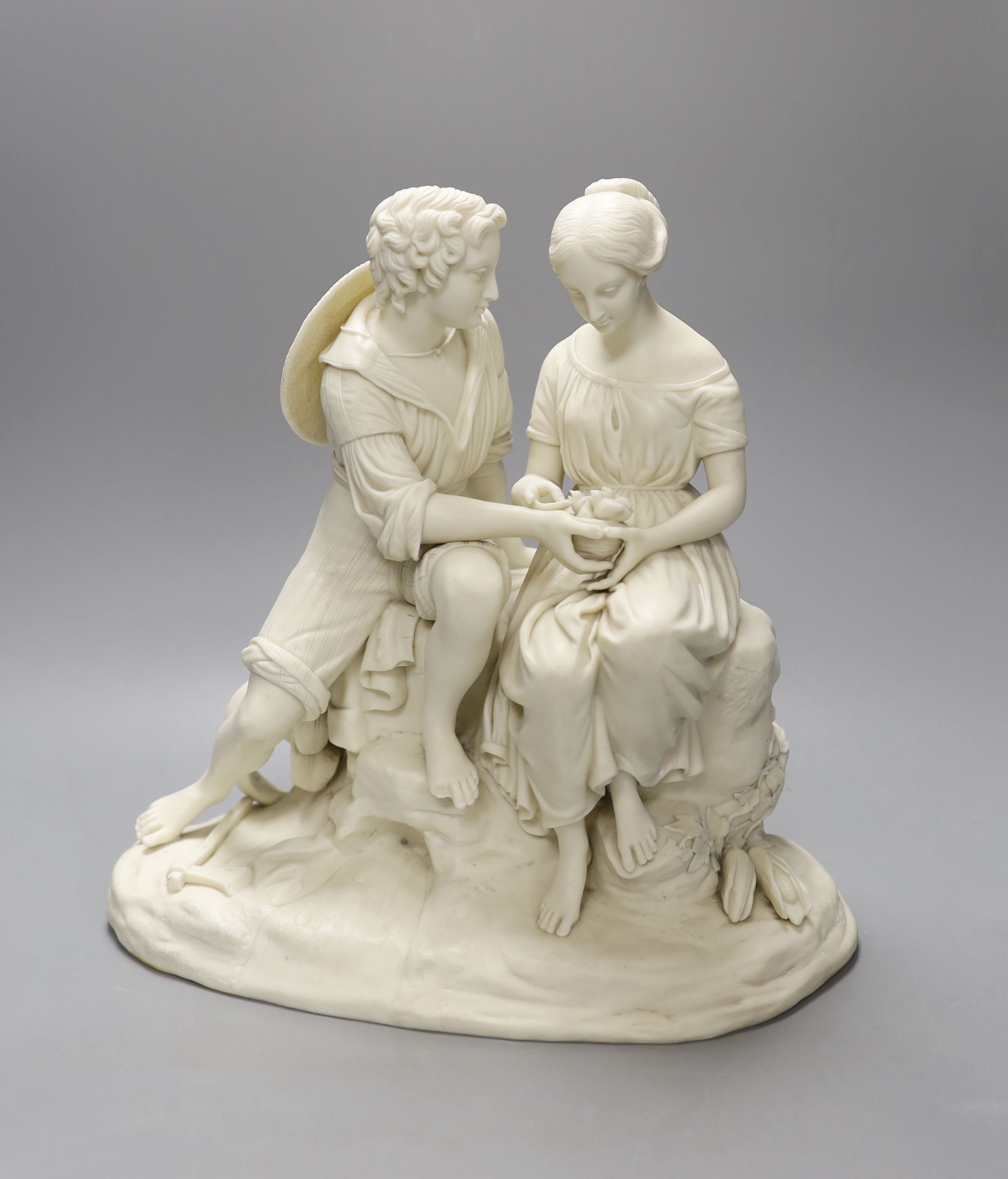 A Copeland parian group of Paul and Virginia after a model by C. Cumberworth, the couple seated with Paul offering a small bird's nest to Virginia, 29.5 cm high